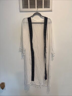 White Boho Tassel Kimono with Black Embroidered Trim